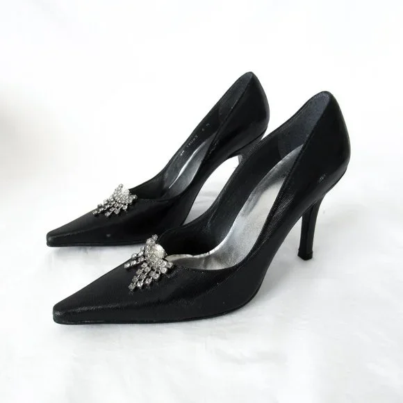 STUART WEITZMEN Classic Black Pointed Toe Pumps Crystal Charm Fringe Heels - Picture 15 of 15